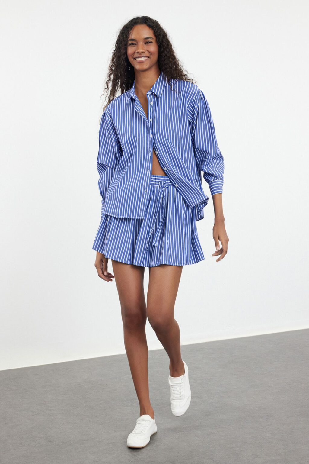 Trendyol Blue Elastic Waist Corded Striped Mini Length Woven Skirt