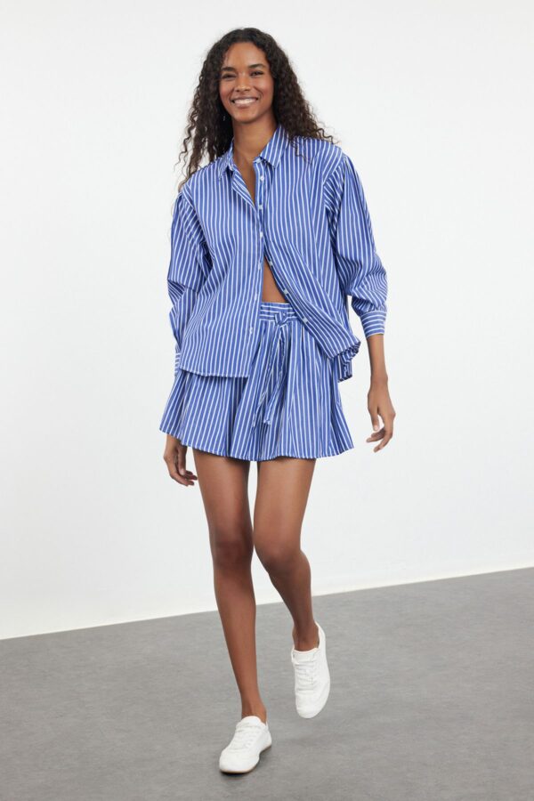 Trendyol Blue Elastic Waist Corded Striped Mini Length Woven Skirt