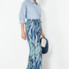 Trendyol Blue Elastic Waist Wide Leg/Wide Leg Patterned Woven Trousers