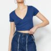 Trendyol Blue Fitted Double Breasted Neck Crop Viscose Stretchy Knitted Blouse