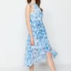 Trendyol Blue Floral Belted A-line / Bell Form Flounced Midi bélelt szőtt ruha