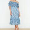 Trendyol Blue Floral Madonna Collar Waist Chiffon Gimped Midi Lined Woven Dress