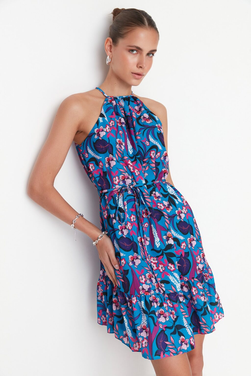Trendyol Blue Floral Mini szőtt sifon bélelt ruha