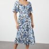 Trendyol Blue Floral Patterned A-Line Balloon Sleeve Floral Patterned Midi Woven Dress