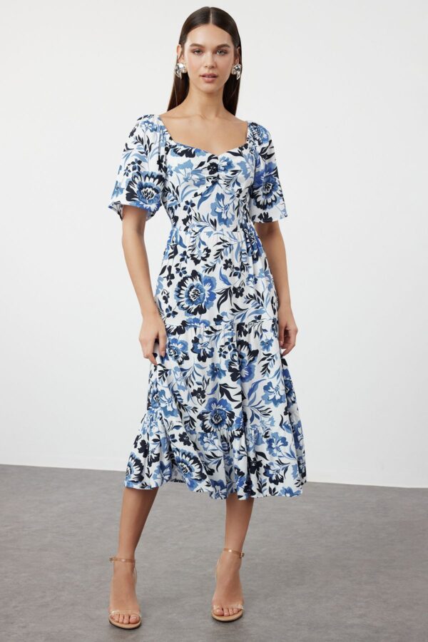 Trendyol Blue Floral Patterned A-Line Balloon Sleeve Floral Patterned Midi Woven Dress