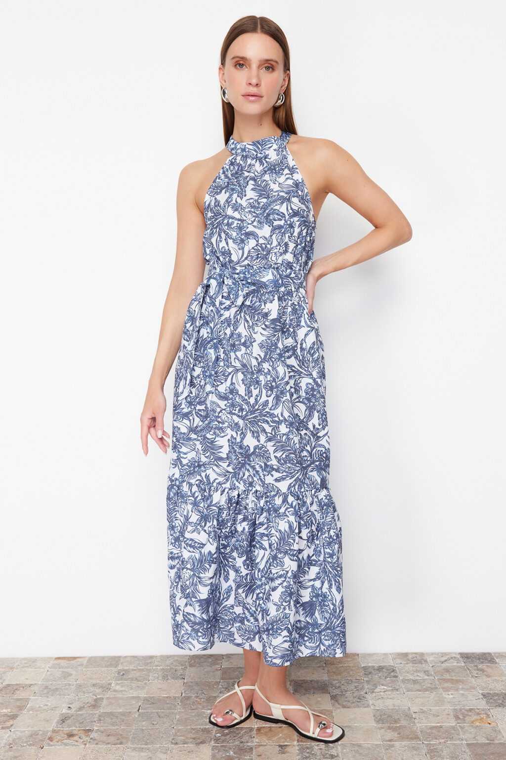 Trendyol Blue Floral Patterned A-Line Maxi Woven Dress
