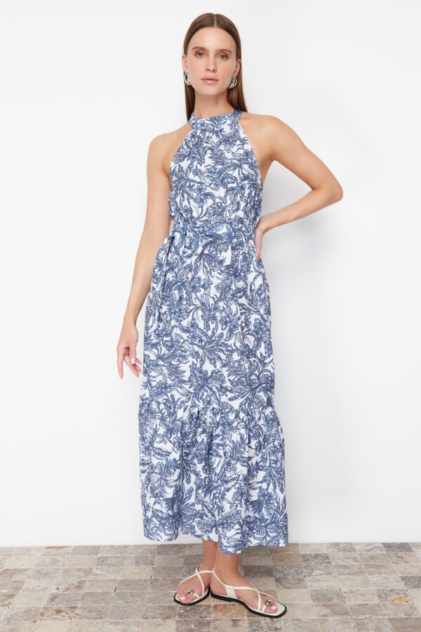Trendyol Blue Floral Patterned A-Line Maxi Woven Dress