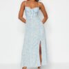 Trendyol Blue Floral Print Straight Cut Tie Detailed Strappy Woven Dress