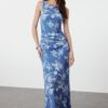 Trendyol Blue Floral Printed Shiny Surface Boat Kaya Fitted Flexible Knitted Pencil Dress