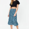 Trendyol Blue Flounce Viscose Fabric Animal Pattern Midi Woven Skirt