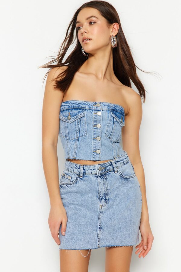 Trendyol Blue Front Buttoned Pocket Detail Strapless Collar Denim Crop Bustier