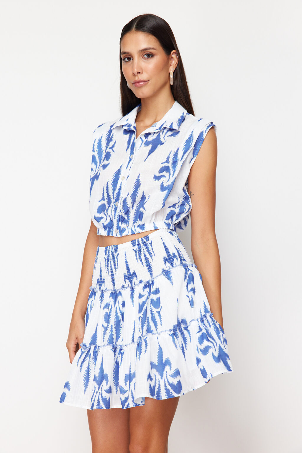 Trendyol Blue Gimped Skirt with Ruffles Linen Look Mini Woven Skirt