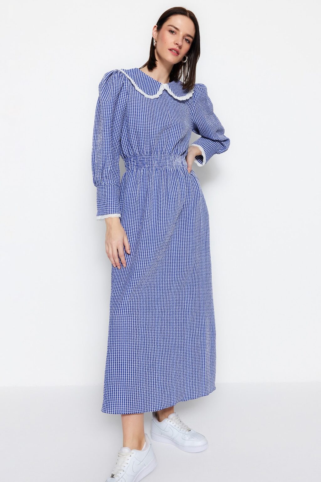 Trendyol Blue Gingham texturált szövet baba gallér derék Gipe részletes szőtt ruha