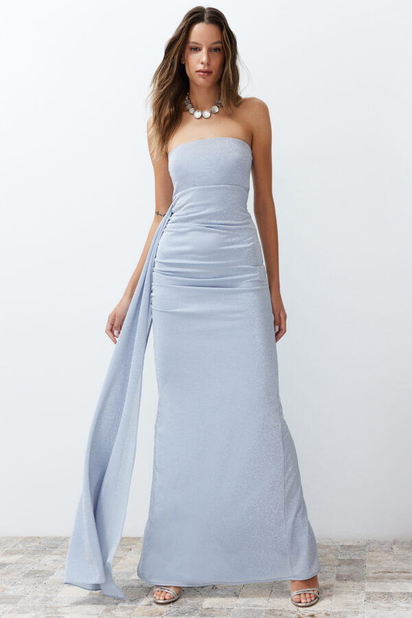 Trendyol Blue Glitter Knitted Long Elegant Evening Dress