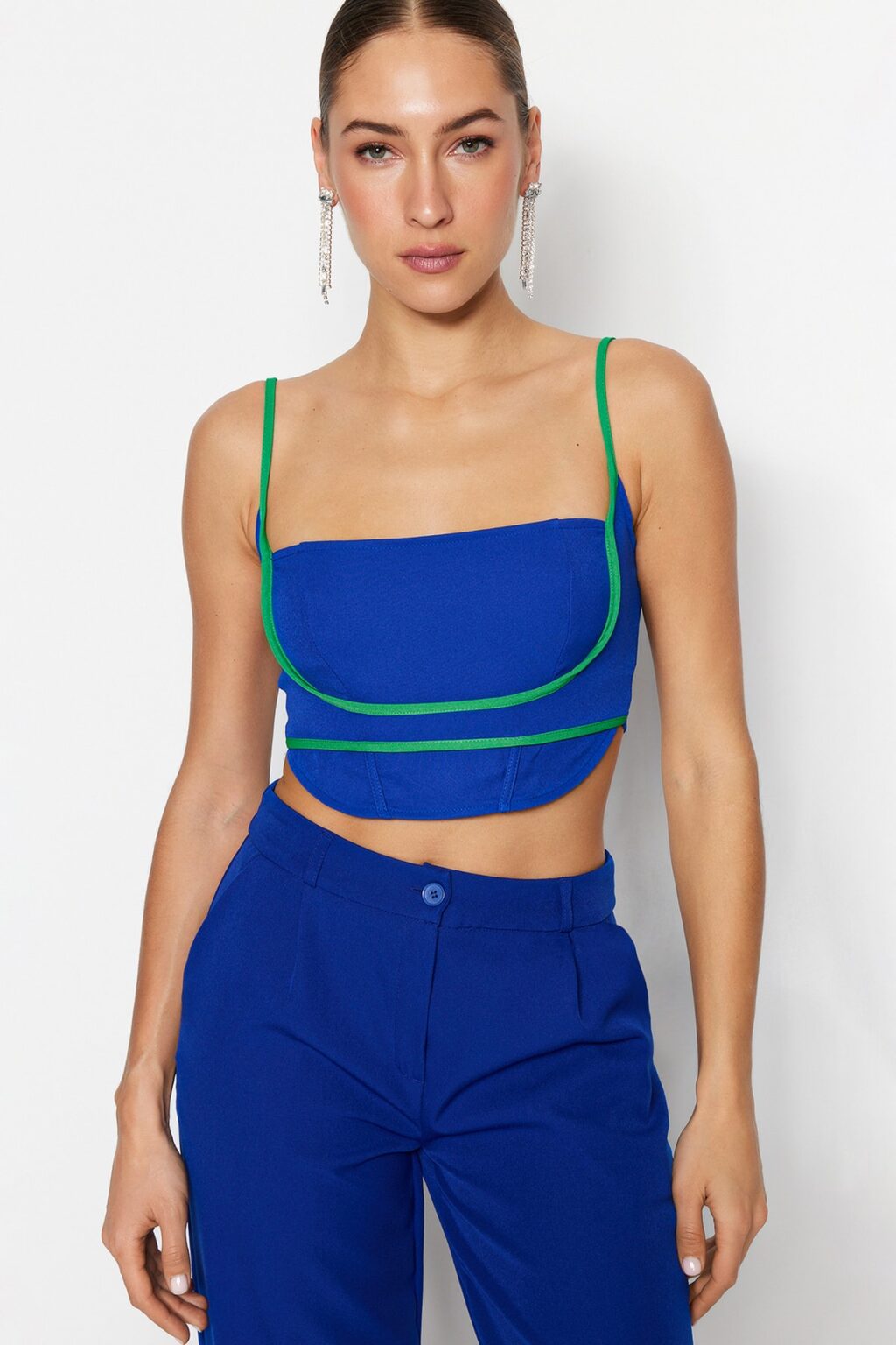 Trendyol Blue-Green Crop Piping Woven Bustier