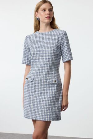 Trendyol Blue Houndstooth Straight Cut Button Detailed Tweed Woven Dress
