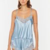 Trendyol Blue Lace Rope Strap Satin Shorts Woven Pajama Set