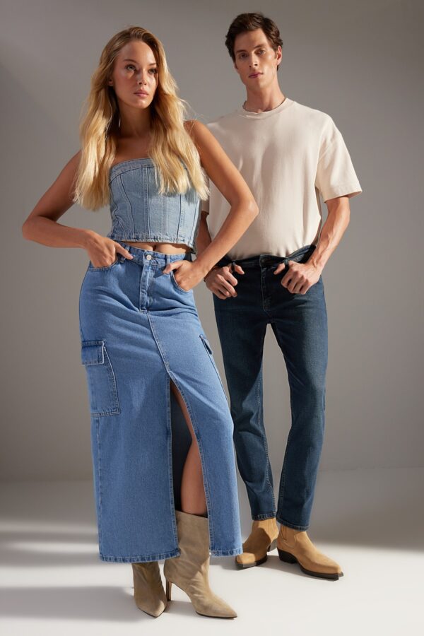 Trendyol Blue Maxi Denim Skirt with Cargo Pocket
