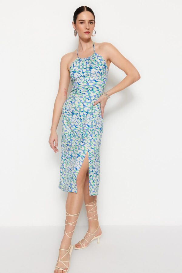 Trendyol Blue Midi szőtt halterneck hasított ruha
