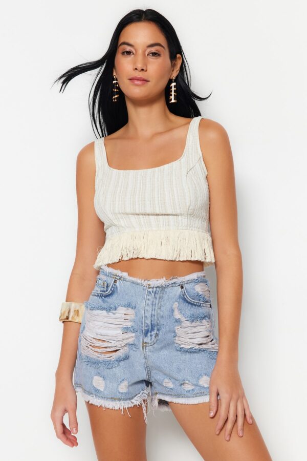 Trendyol Blue Mini Denim Split 100% Cotton Beach Shorts