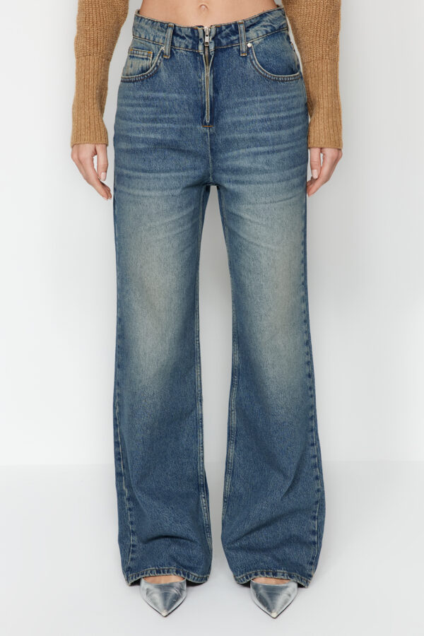 Trendyol Blue More Sustainable Faded Effect Vintage Zipper Detail High Waist Wide Leg Jeans