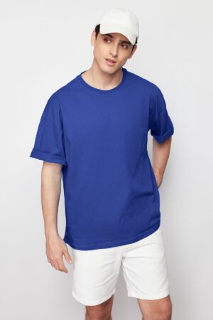 Trendyol Blue Oversize/Wide Basic Cut 100% Cotton T-Shirt