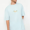Trendyol Blue Oversize/Wide Cut Short Sleeve Landscape Embroidered 100% Cotton T-Shirt