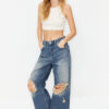 Trendyol Blue Pale Effect Vintage Ripped High Waist Wide Leg Jeans
