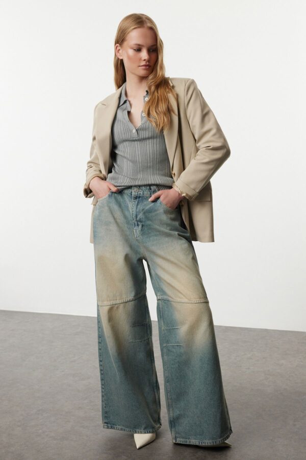 Trendyol Blue Pale Effect Vintage Stitching Detailed High Waist Mega Baggy Jeans