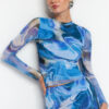 Trendyol Blue Patterned Draped Sheer Backless Fitted/Situated Tulle Knitted Blouse