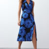 Trendyol Blue Patterned Gathered Double Breasted V Neck Flexible Knitted Midi Dress