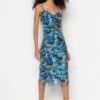 Trendyol Blue Patterned Pleated Tulle Bodycone/Body Fitted Stretch Knit Dress