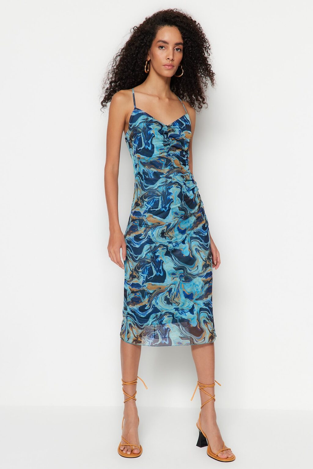 Trendyol Blue Patterned Pleated Tulle Bodycone/Body Fitted Stretch Knit Dress