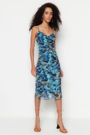 Trendyol Blue Patterned Pleated Tulle Bodycone/Body Fitted Stretch Knit Dress