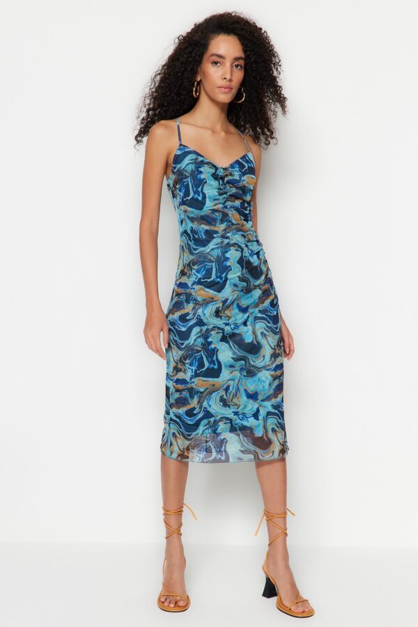Trendyol Blue Patterned Pleated Tulle Bodycone/Body Fitted Stretch Knit Dress