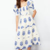 Trendyol Blue Patterned Square Neck Linen Look Belted Midi Woven Dress