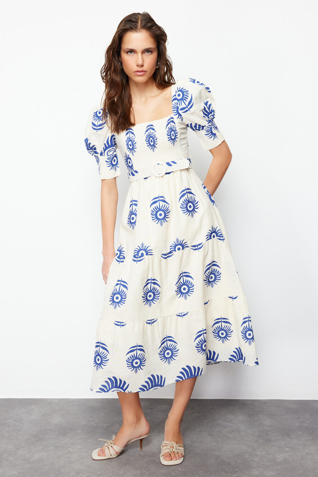 Trendyol Blue Patterned Square Neck Linen Look Belted Midi Woven Dress