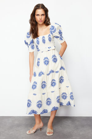 Trendyol Blue Patterned Square Neck Linen Look Belted Midi Woven Dress