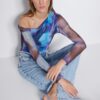 Trendyol Blue Patterned Tulle Back Sheer Transparent Fitted/Sticky Snaps Knitted Bodysuit