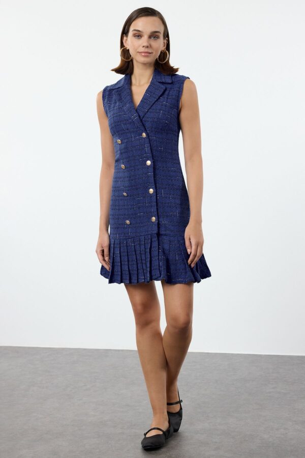 Trendyol Blue Plaid / Checkered Pleated Detailed Mini Tweed Woven Jacket Dress