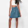 Trendyol Blue Pleated High Waist Mini Denim Skirt