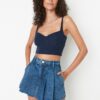 Trendyol Blue Pleated Normal Waist Denim Short Skirt