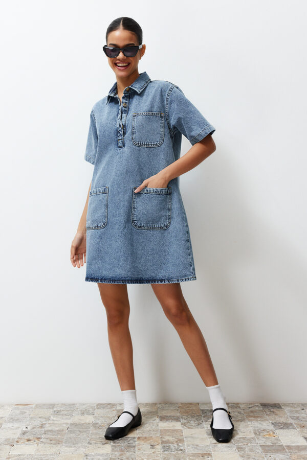 Trendyol Blue Pocket Detail Oversize Mini Denim Shirt Dress