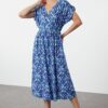 Trendyol Blue Printed A-Line Double Breasted Collar Woven Dress