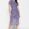 Trendyol Blue Printed Short Sleeve Crew Neck Fitted Flexible Midi Tulle Pencil Dress