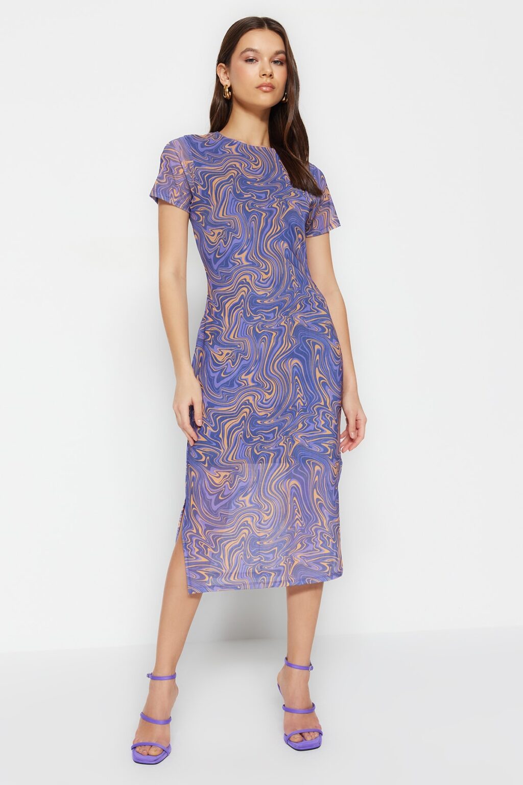 Trendyol Blue Printed Short Sleeve Crew Neck Fitted Flexible Midi Tulle Pencil Dress