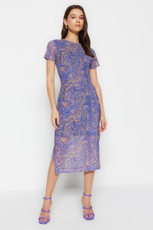 Trendyol Blue Printed Short Sleeve Crew Neck Fitted Flexible Midi Tulle Pencil Dress