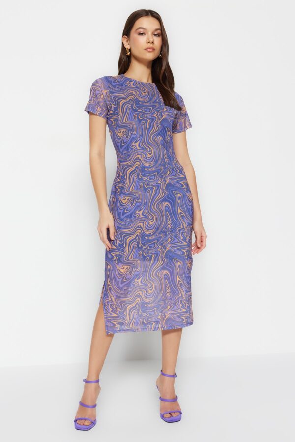 Trendyol Blue Printed Short Sleeve Crew Neck Fitted Flexible Midi Tulle Pencil Dress