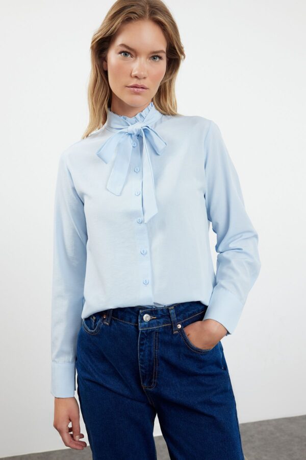 Trendyol Blue Regular Fit Woven Shirt with Closed Collar Ruffle Detail
