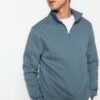Trendyol Blue Regular/Normal Cut Stand Collar Zippered Cotton Basic Polar Fleece Sweatshirt